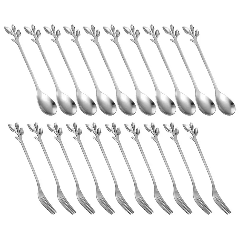 AAAF Dessert Spoon Fork Set,20 Pcs 4.7 Inch Cake Fork,Coffee Spoon,Creative Leaf Fruit Fork,(10 Spoon + 10 Fork)