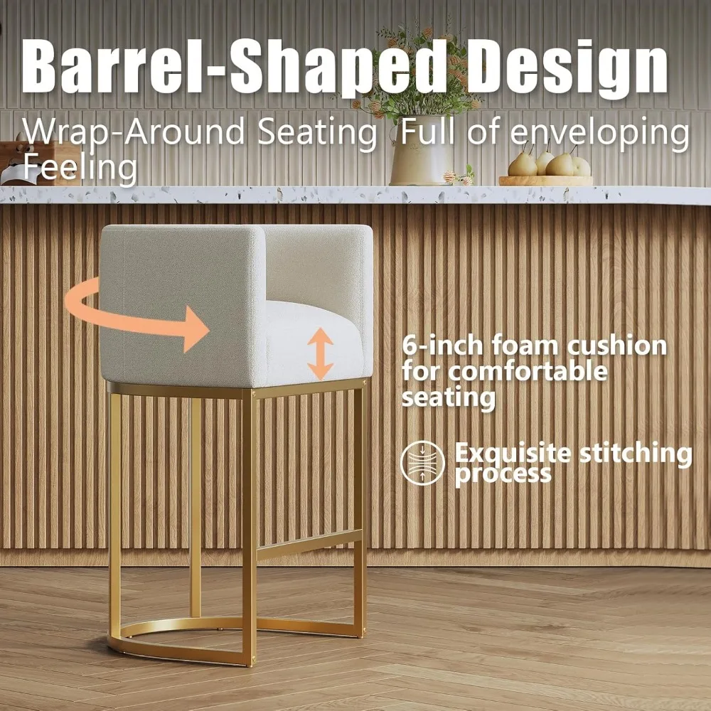 Elegant Linen-Covered Swivel Bar Stools, 26 High Kitchen Counter Stools with Metal Gold Frame