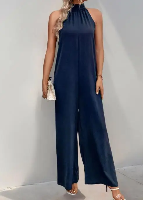 Party casual jumpsuit high neck hanging collar solid color wide leg jumpsuit summer new women's clothing