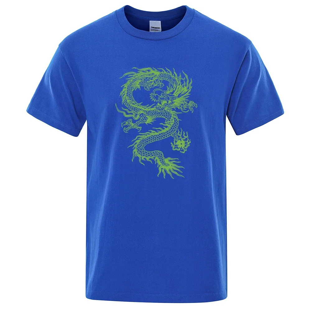 T-shirt à col rond pour homme, Streetwear, ample et à la mode, en coton pur, avec image de Dragon vert imprimé, nouvelle collect