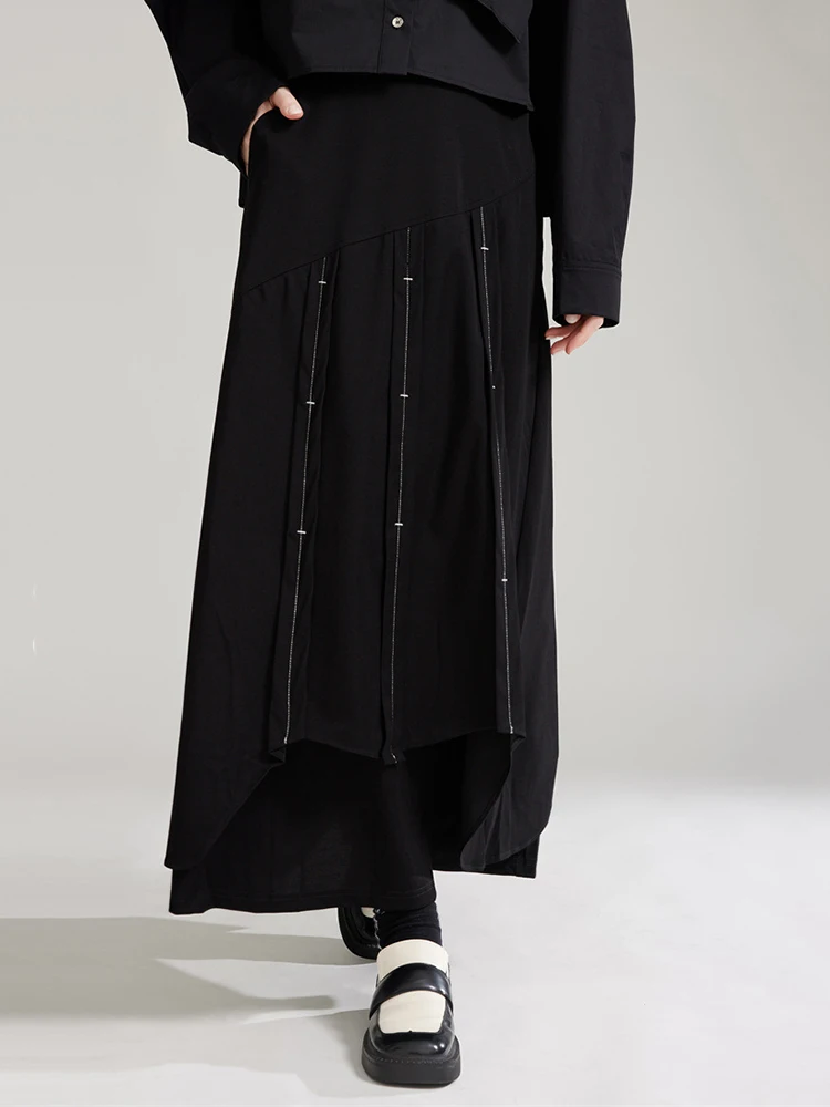 EAM-Jupe trapèze irrégulière surpiquée pour femme, jupe demi-corps, taille haute élastique, noir, marée de mode, nouveau, printemps, automne, 2024, 1DH7986