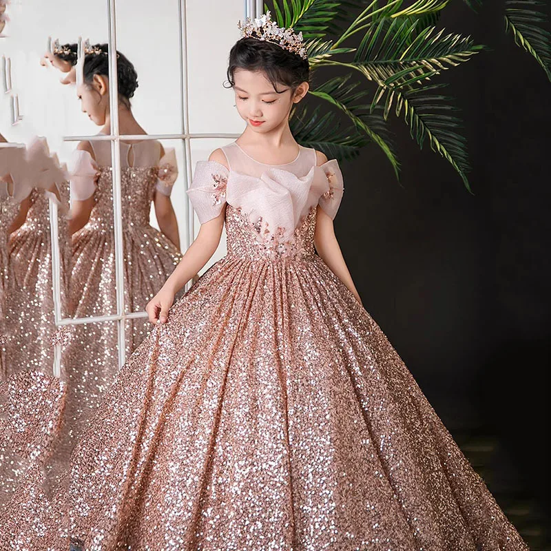 Children's Dress New Princess Dress Gold Sequin Elegant Model Girl Host Dress Catwalk Piano Performance