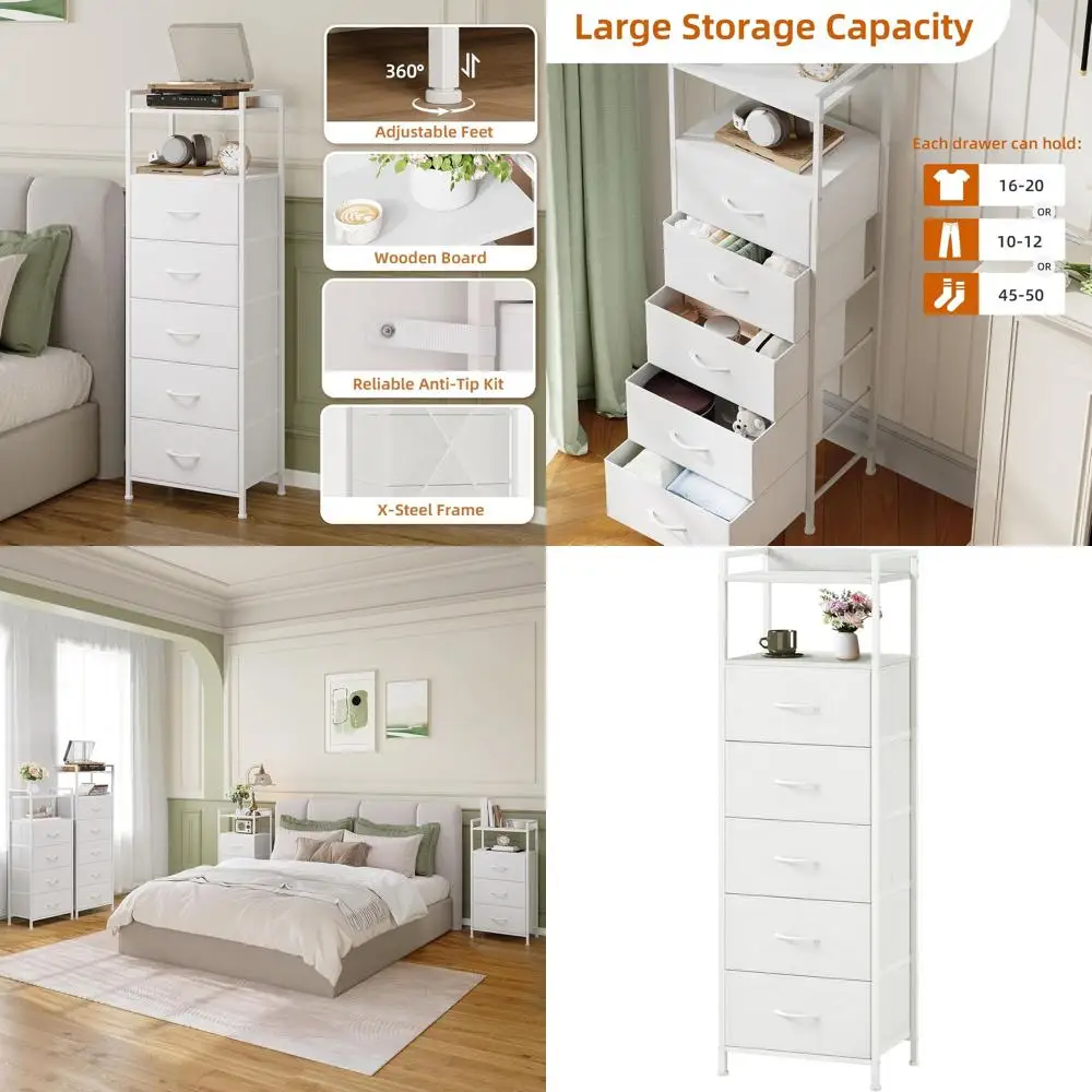 

Bedroom Tall Nightstand with 5-Drawer Dresser and Fabric Organizer for Kids, Dorms, and Entryways
