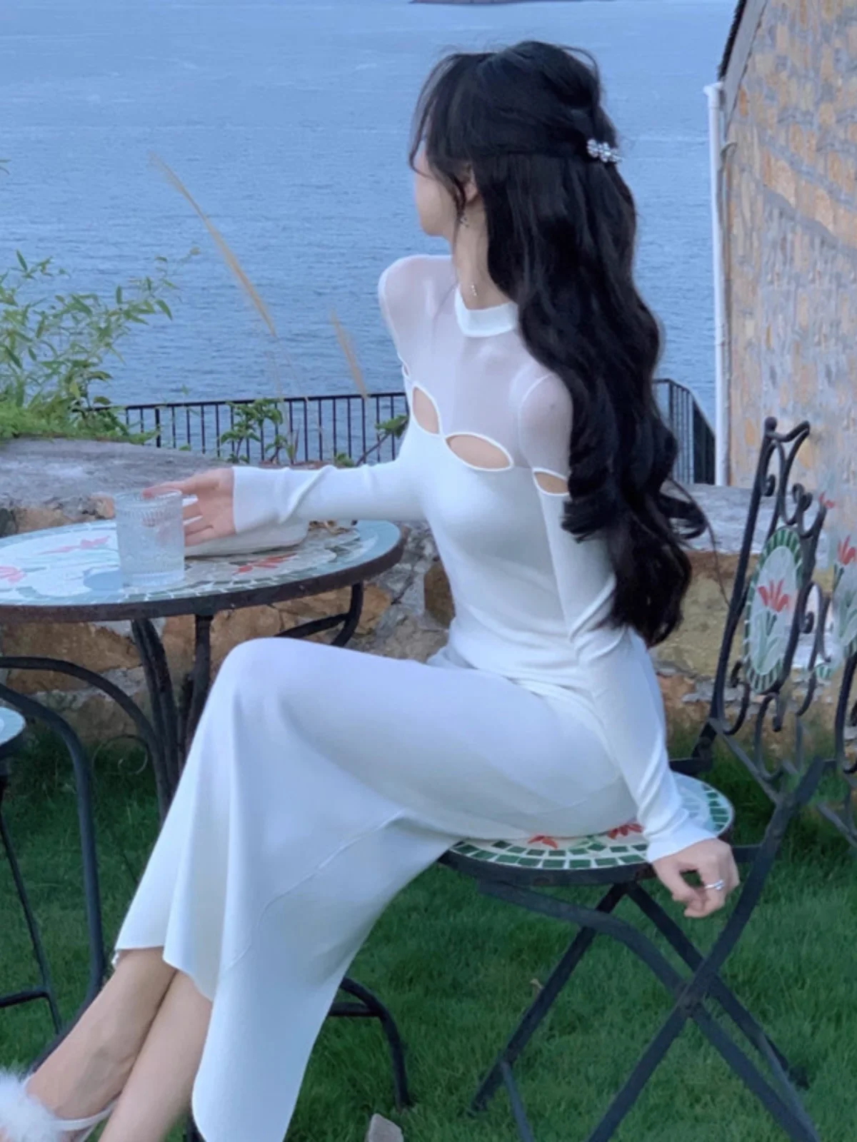 

Sexy Slim Fit Knitted Dr Transparent Inner Wear High Waist Butt Hing Long Sve round Ne Gown for Autumn Winter