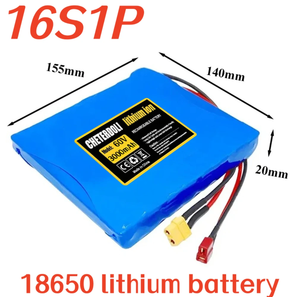 60V Scooter Battery 18650 16S1P 3000mAh Li-ion with BMS Rechargeable for Compatible Equipment Replacement.