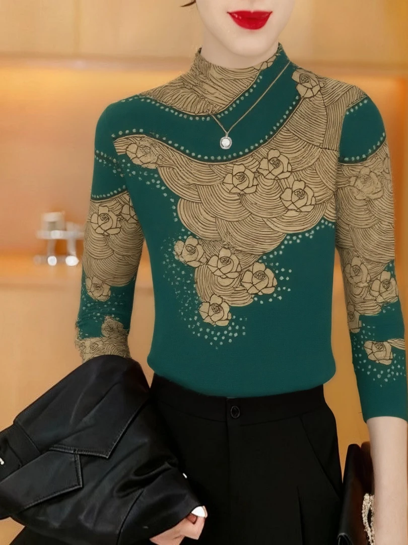 

Warm Fleece Lined Long Sleeve Printed Base Shirt Half High Collar Women's Middle Aged And Elderly Fashionable Belly Covering Top