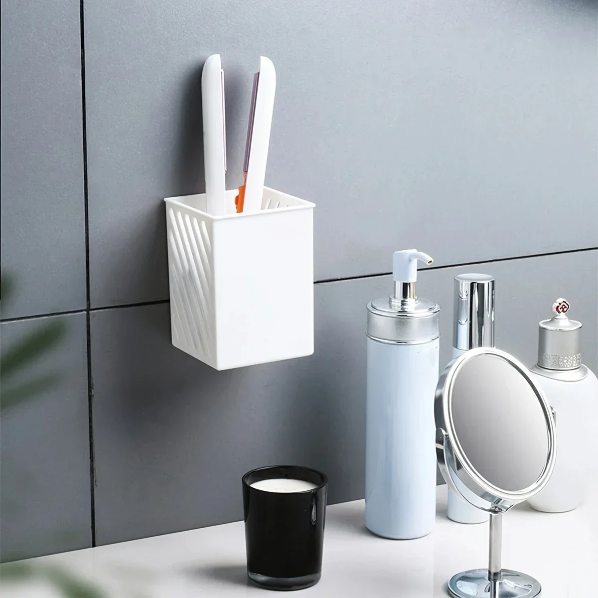 1pc-Simple Wall-mounted Pen Holder Student Desktop Stick-on Pencil Case Mini Makeup Brush Storage Case Storage Organizer