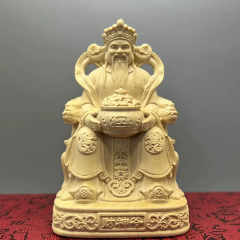 Exquisite boxwood carving Wen Caishen Buddha statue enshrined home shop Feng Shui auspicious wealth attracting ornaments