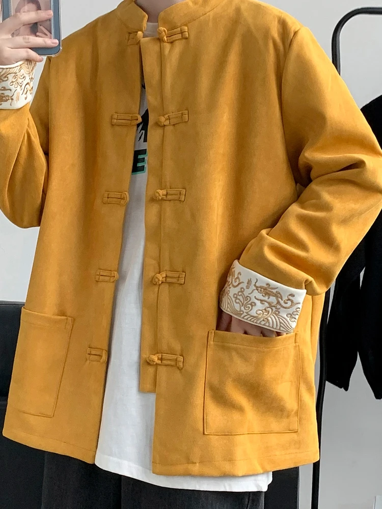 

Мужской костюм Тан в китайском стиле, большой размер, ретро, в национальном стиле, осенний, на пуговицах, с вышивкой, из оленьего бархата, в стиле дзен