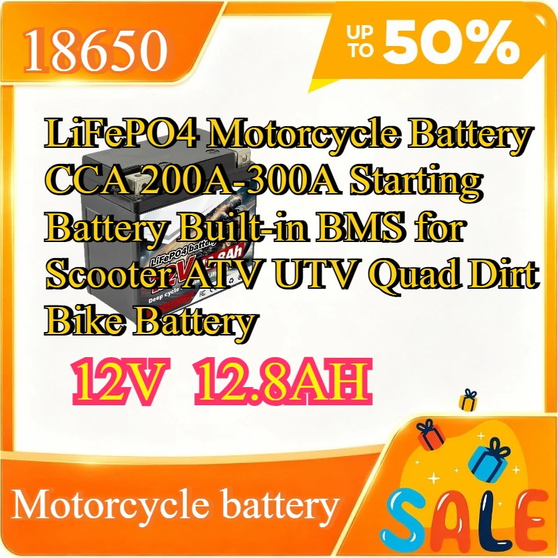 New 12V 12.8Ah LiFePO4 Motorcycle Battery CCA 200A-300A Starting Battery Built-in BMS for Scooter ATV UTV Quad Dirt Bike Battery