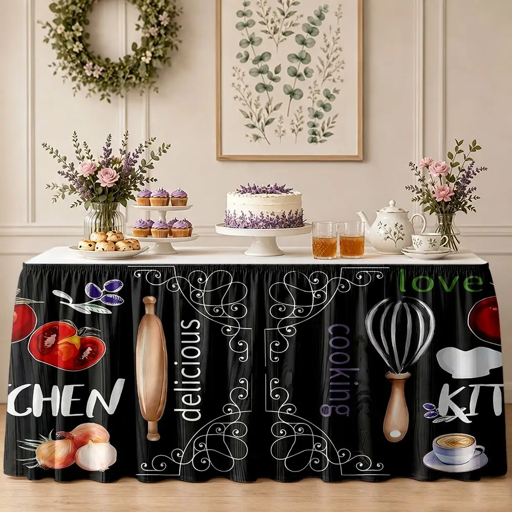 One party table dress with a pattern of lovingly prepared delicious food in the kitchen and ruffled table skirt.
