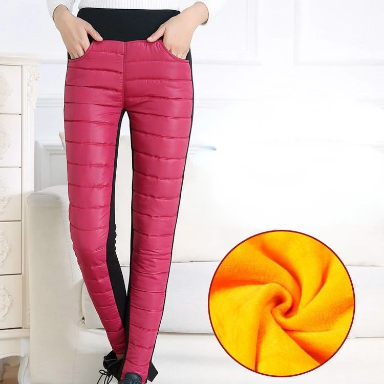 

Winter Warm Down Cotton Pants for Women Casual High Waist Slim Pencil Pants Woman Striped Padded Quilted Trousers Female T429