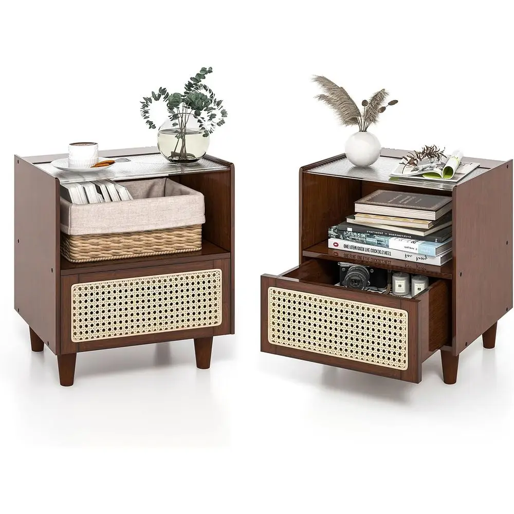 

Boho Style Bamboo Nightstand with Tempered Glass Top, 20 Storage Side Table for Bedroom, Living Room in Walnut Finish