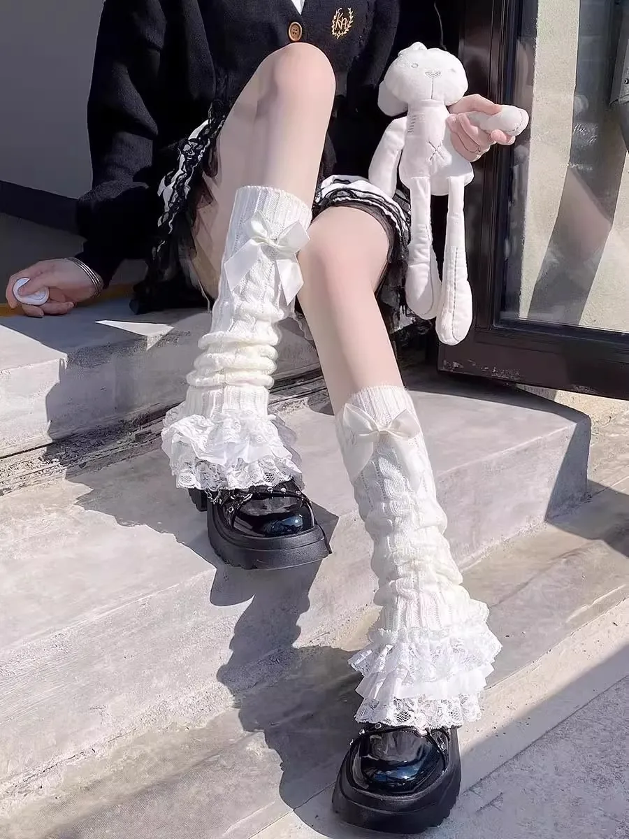Lolita Slouchy Beinwärmer für Frauen, gerüschte Spitze, Kawaii Wadenabdeckungen, JK-Uniform, Schleifen-Strickstiefelmanschetten, süße Gothic-Accessoires für Mädchen – Detail 3
