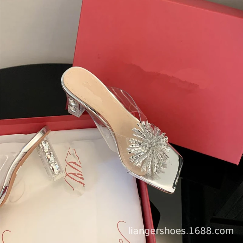2026 summer new sexy crystal thick heel sandals for women wearing square toe fringe rhinestone transparent high heels