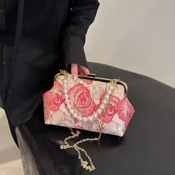 Chinese Style Cheongsam Dinner Handbag 2024 New Chinese Chain Bead Crossbody Women's Bag Embroidered Flower Pattern Shoulder Bag