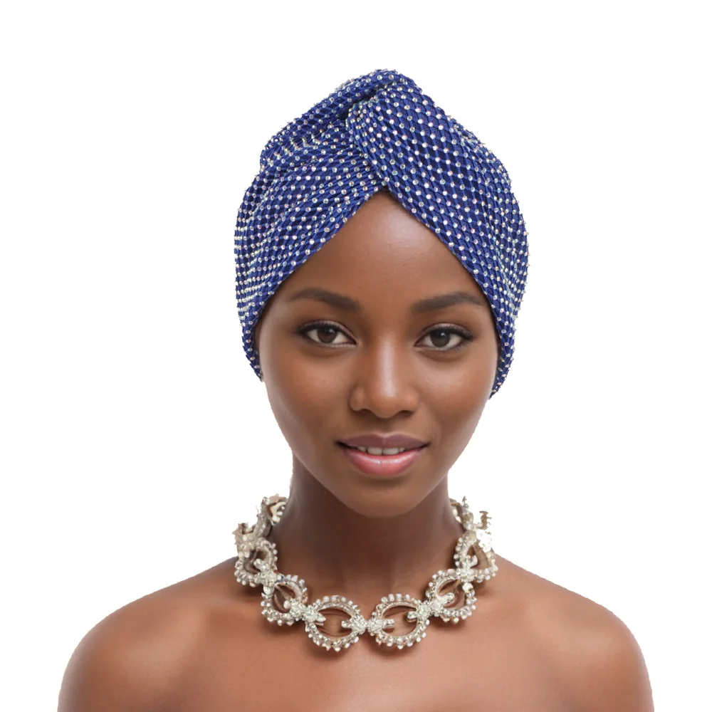 Nigerian Diamond Mesh Women Turban Auto Gele African Headtie Cap Bonnet Muslim Headwear Top Knotted Head Wraps Headgear Mejur