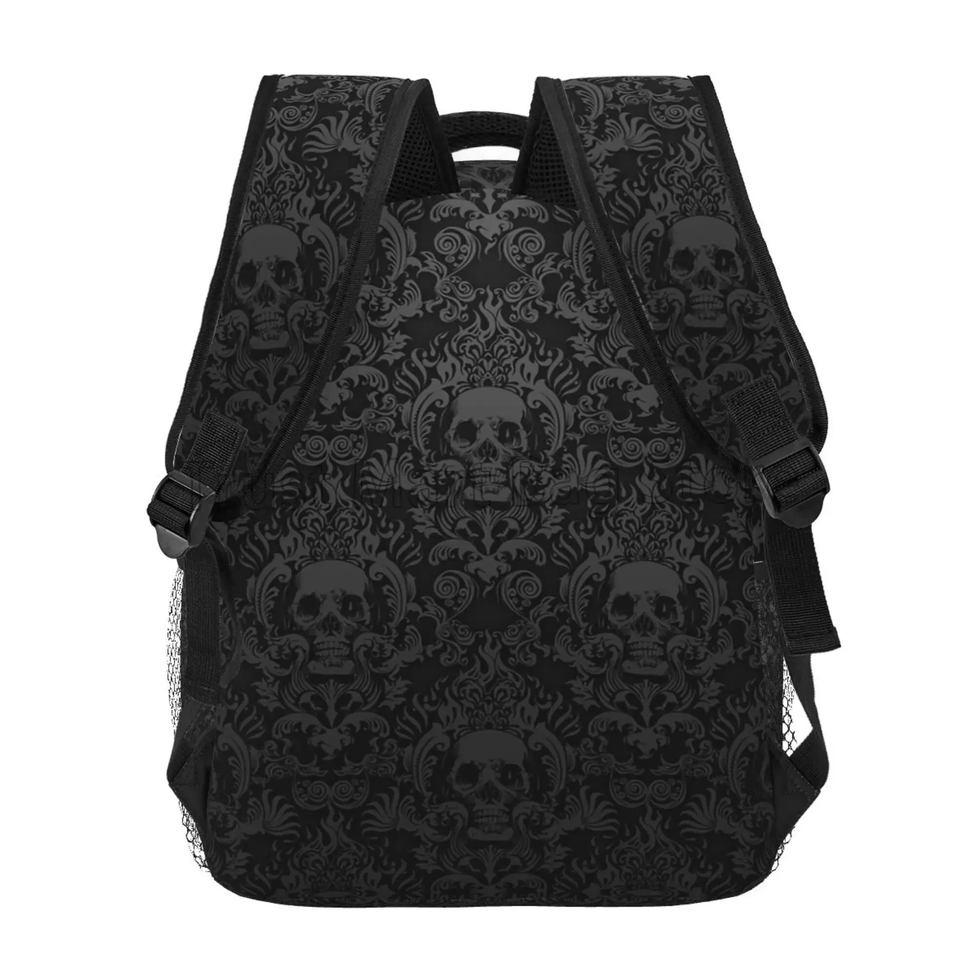 Unisex Goth Gothic Black Skull Damask Pattern Backpack, Mochilas para Laptop Casual, Mochila Escolar, Viagem, Caminhadas, Camping, Mochila