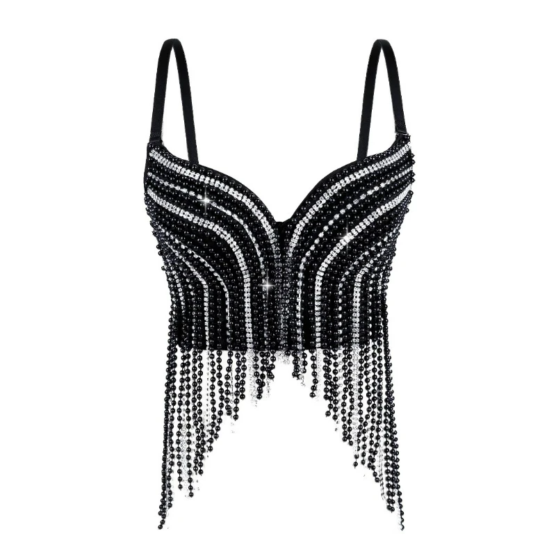 

New Pearl Diamond Chain Tassel Halter Top 2026 European American Style Summer Sexy Outerwear Stage Fishbone Corset