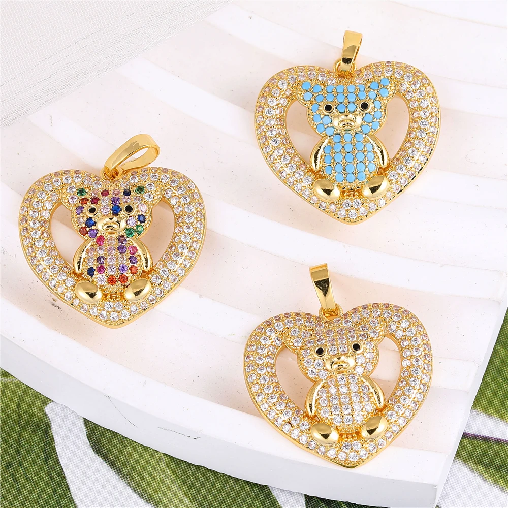 Juya Handmade 18K Real Gold Plated Cubic Zirconia Animal Bear Panda Love Heart Charms For DIY Fashion Pendant Jewelry Making
