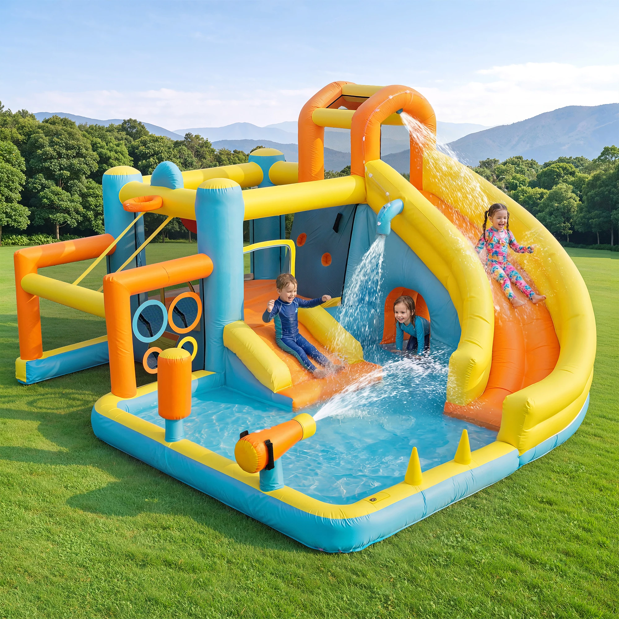 Parque Acuático Inflable para Niños de 405×416×218cm, Casa de Brinco para Jardín Exterior con Tobogán, Piscina y Soplador