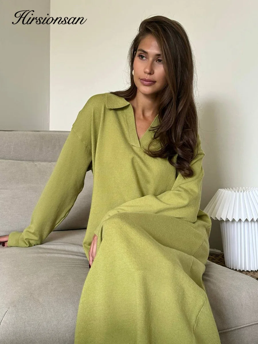 Hirsionsan Długa Sukienka Swetrowa z Golfem na Jesień i Zimę, Luźna, Damska, Miękka, Elegancka, Dzianinowa Sukienka w Jednolitym Kolorze, Nowa Kolekcja Damska 2025