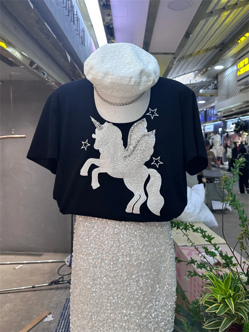 

Korean Style Pure Cotton Short Sleeve T-Shirt Women's Heavy Embroidery Unicorn Fashionable Top Loose Fit round Neck Design