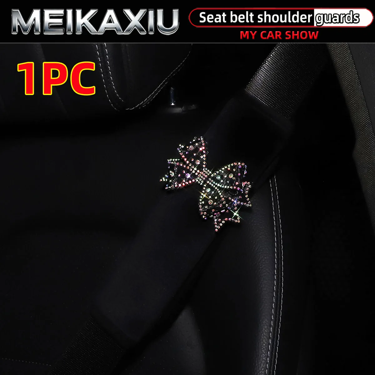 Women's Short Fur Car Collar Cover with Safety Belt Decorations Dazzling Beaded Butterfly Design Car Accessory