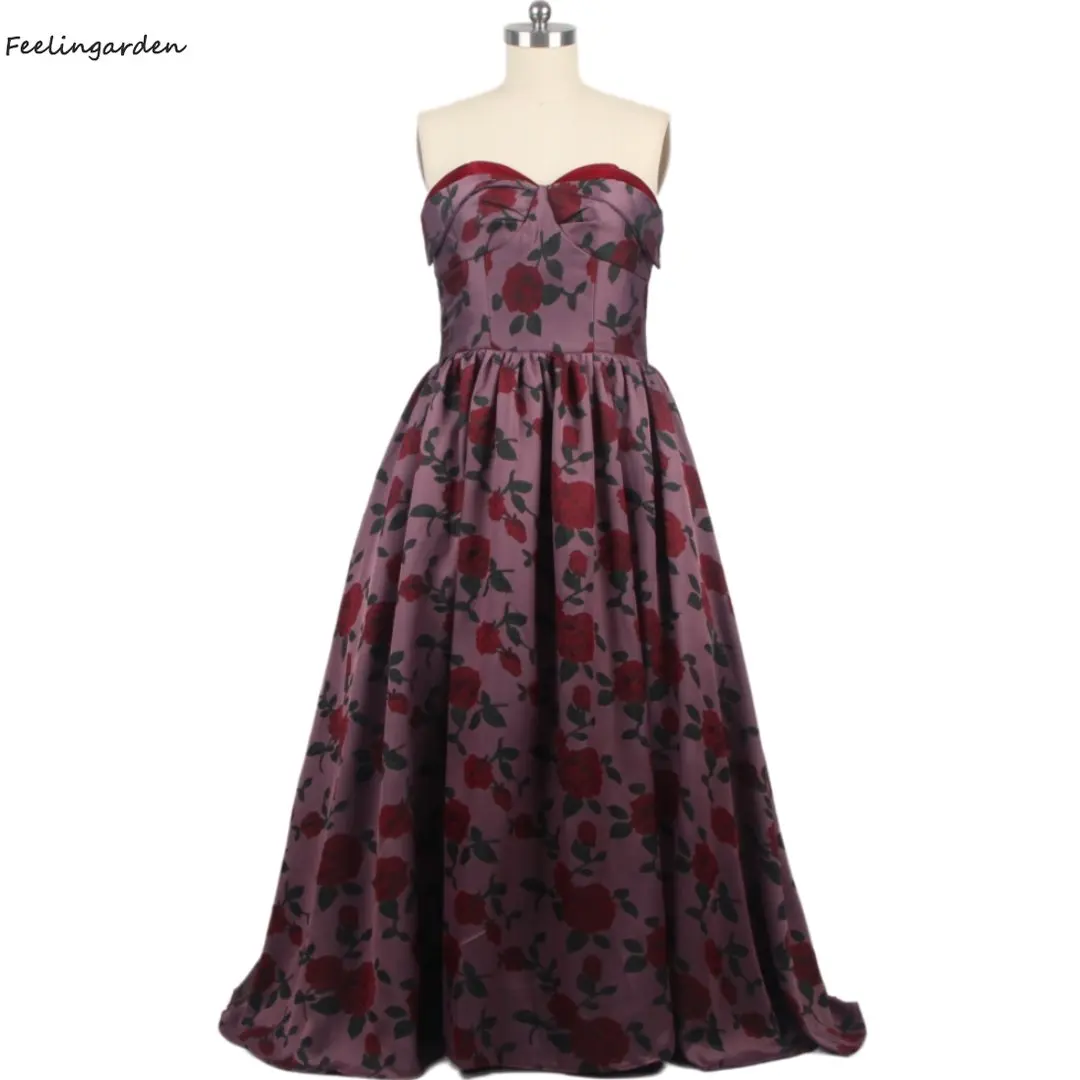 

Feelingarden Evening Dress Burgundy Floral Strapless Pleat A-line Floor Length Lace up Plus size Women Party Dresses B2150