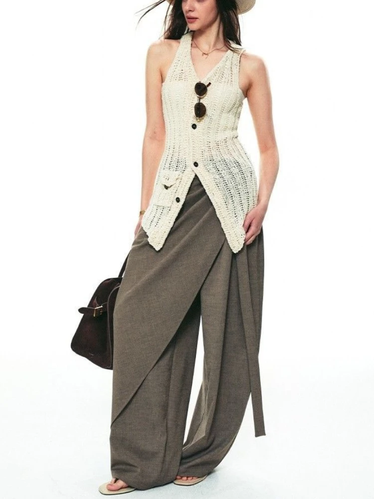 HOUZHOU Vintage Baggy Suit Pants Women Asymmetrical Japanese Style Wide Leg Trousers High Waist Casual Gothic Streetwear Pants