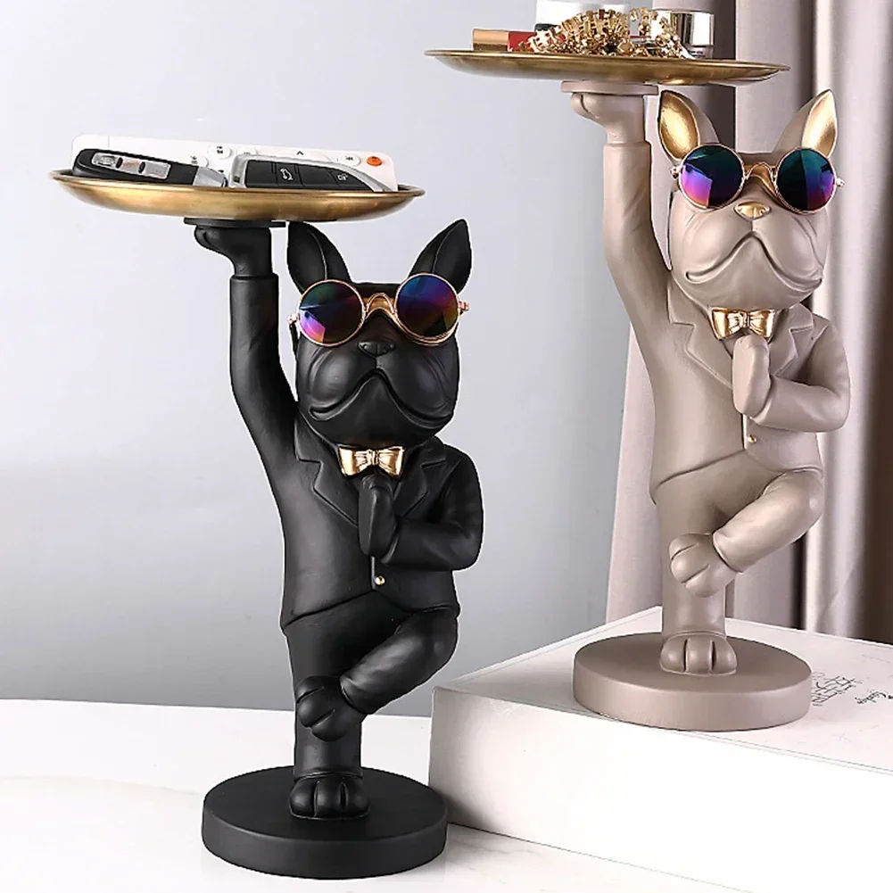 French Bulldog Sculpture Dog Statue Key Jewelry Storage Table Home Decoration Gift Metal Tray Snack Candy Storage Statue