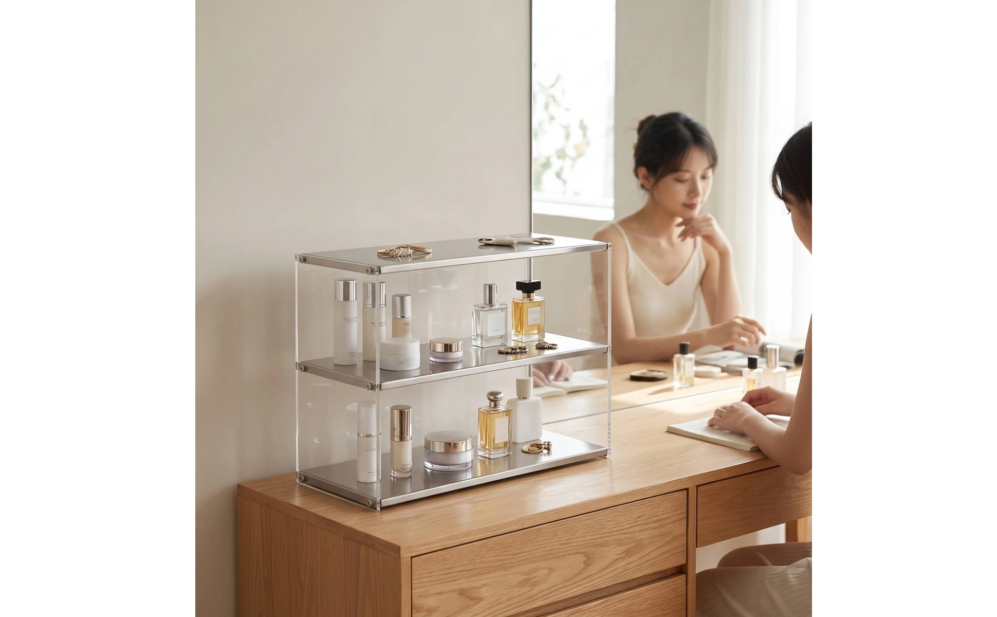 Countertop Storage Rack Clear Three-Tier Rack with Acrylic Panels Tabletop Organizer Rectangular Tiered Shelf Multi-Purpose