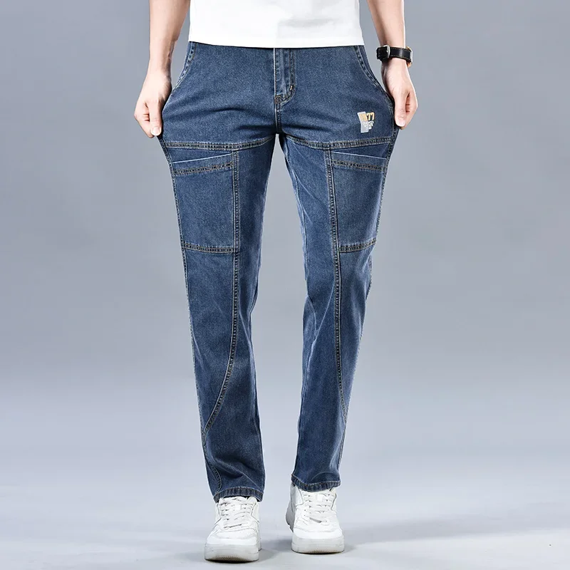 2024 Men's Summer Fashion Men's Jeans Multi-pocket Splicing Straight-leg Casual Denim Trousers Personalized Dark Blue Brand