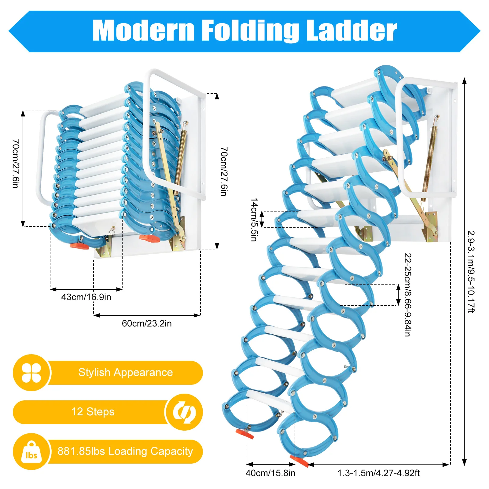 9.5-10.17ft Folding Attic Ladder Wall-Mounted Loft Folding Staircase w/Safe Handrails Saving Space Anti-slip 400kg Capacity