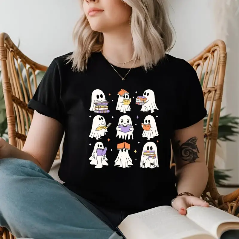 

Halloween Ghost Reading BooksMen Ladies Funny T Shirt Cute Book Lover