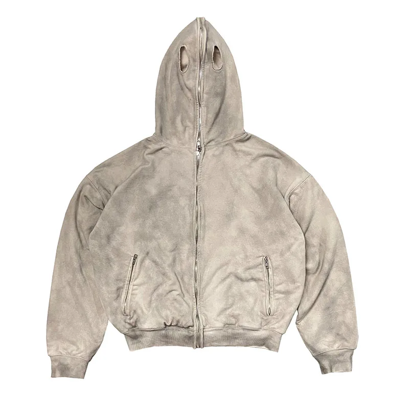 26FW Kanye West Hoodie Heavyweight Double-Layer Washed Distressed Vintage Mask Zip Up Hoodie Men Women Hoodie