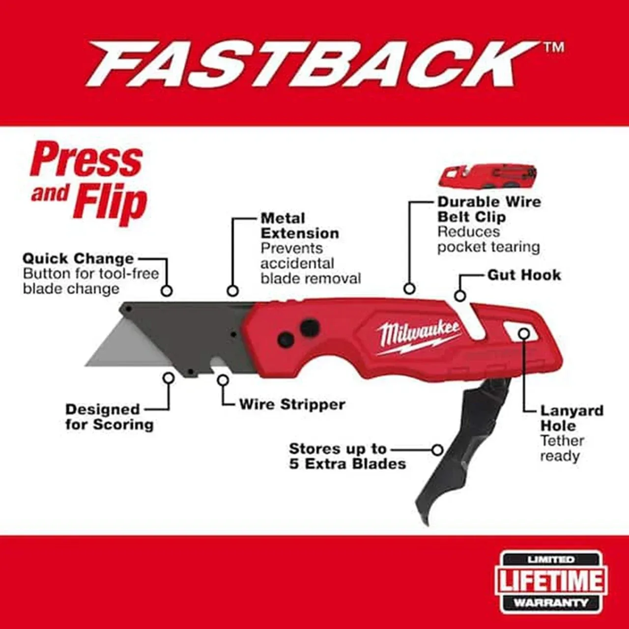 ميلووكي 48-22-1502 FASTBACK سكينة معدنية قابلة للطي مع تخزين شفرة ميلووكي ملحقات أدوات اليد 48-22-1502X #2