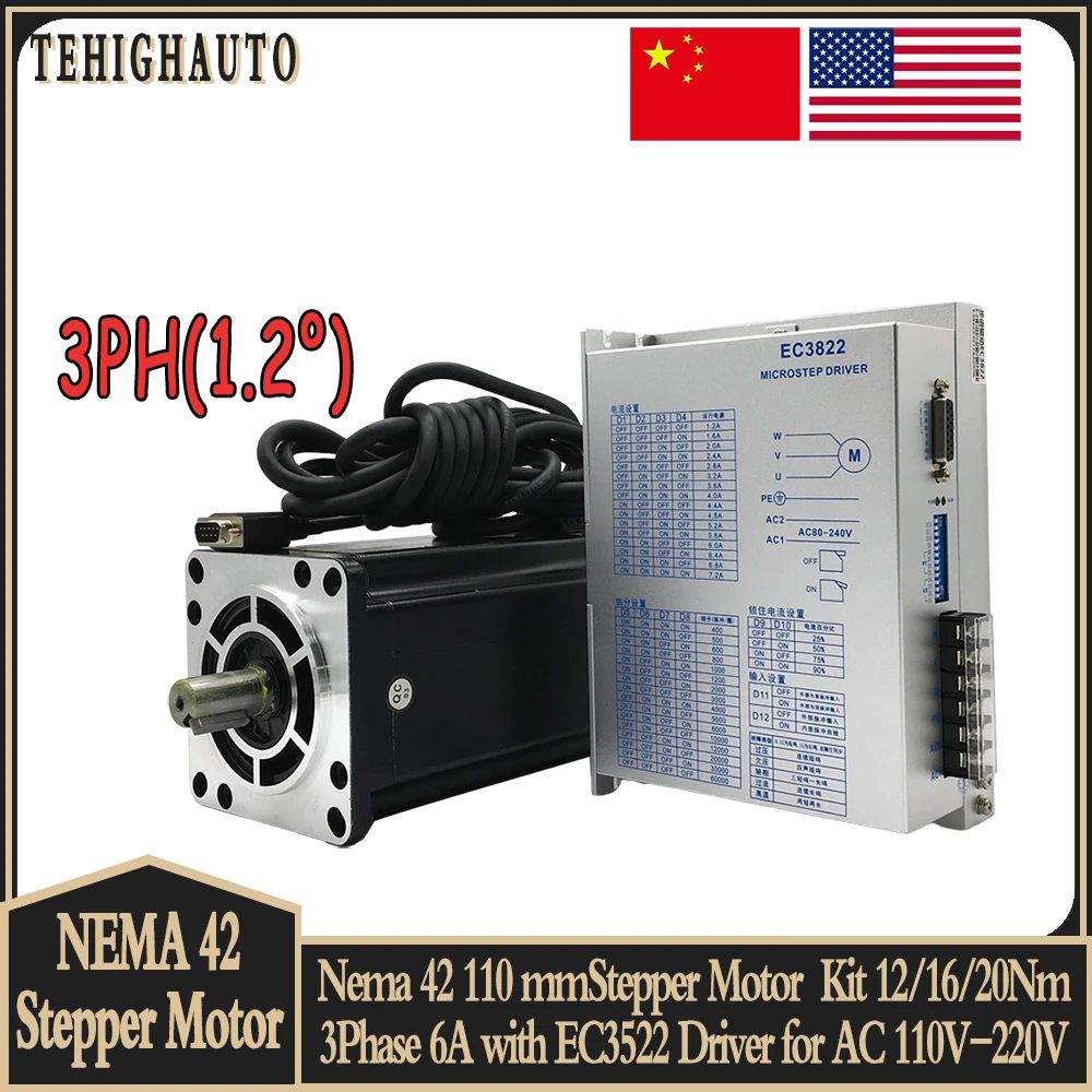 Nema 42 3Phase Hybrid Open Loop Stepper Motor+EC3522 Drive Kits 3Phase 220V 6A 110mm Stepper Motor 12/16/20N.m Shaft 19mm