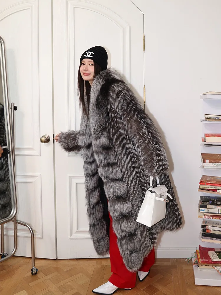 Whole Leather Silver Fox Fox Fur Coat For Women With Inlay Technology Big Brand Trendy light Luxury Fur Coat X-Long style 120CM