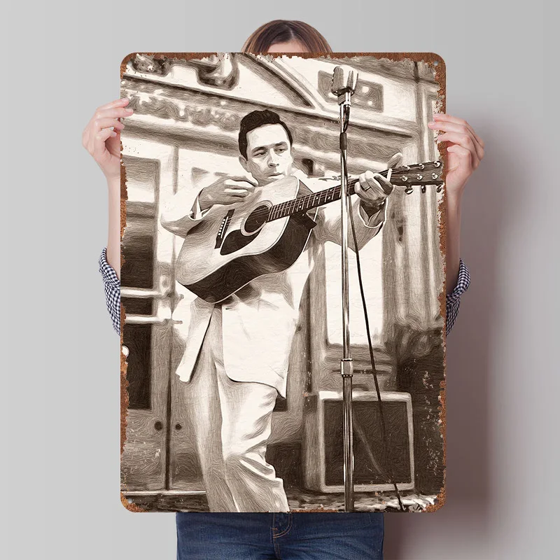 Johnny Cash Playing Guitar Sepia Tone Tin Plaque Poster Customized Wall Art Retro Vintage Metal Signs for Man Cave Desk Decor