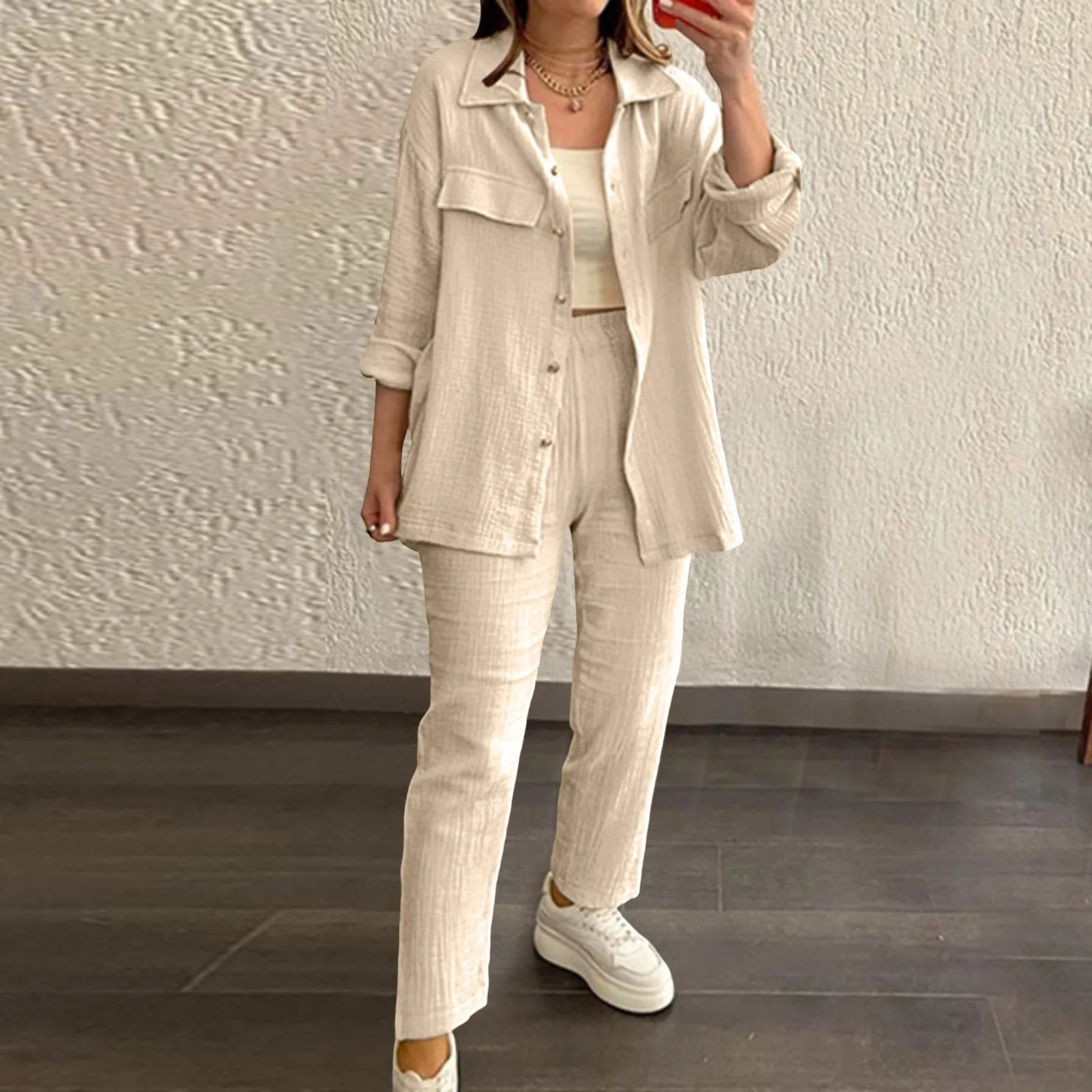 Women'S Solid Color Casual Pants Set Ruffled Fabric Lapel Long Sleeve Pocket Shirt High Waist Drawstring Pant Stylish Simple Set