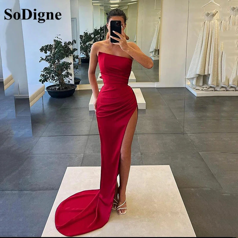 Sodigne vermelho vestido de noite sereia longo lado alto dividir vestidos de baile nova chegada vestidos de celebridade dubai vestidos de festa