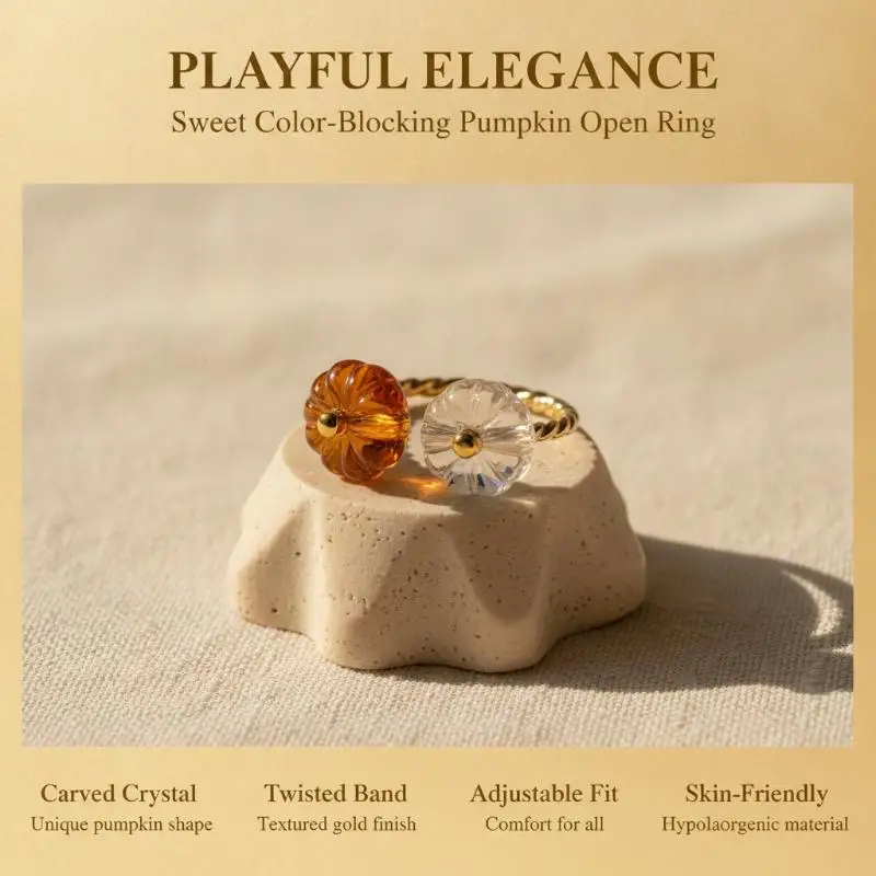Trendy Fashion Crystal Pumpkin Adjustable Open Rings For Women Daily Commuting Versatile Hand Decorations Jewelry