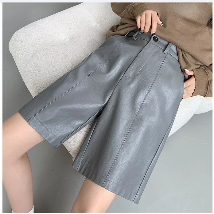 High Waist Women PU Leather Shorts Motorcycle Female  Loose Shorts Green Spring Summer 2025