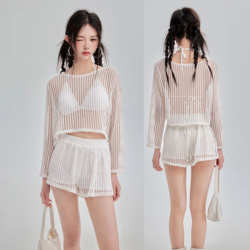 

Women's 3pcs Knitted Hollow Blouse Beach Summer Vacation Swimwear Sun Protection Overall