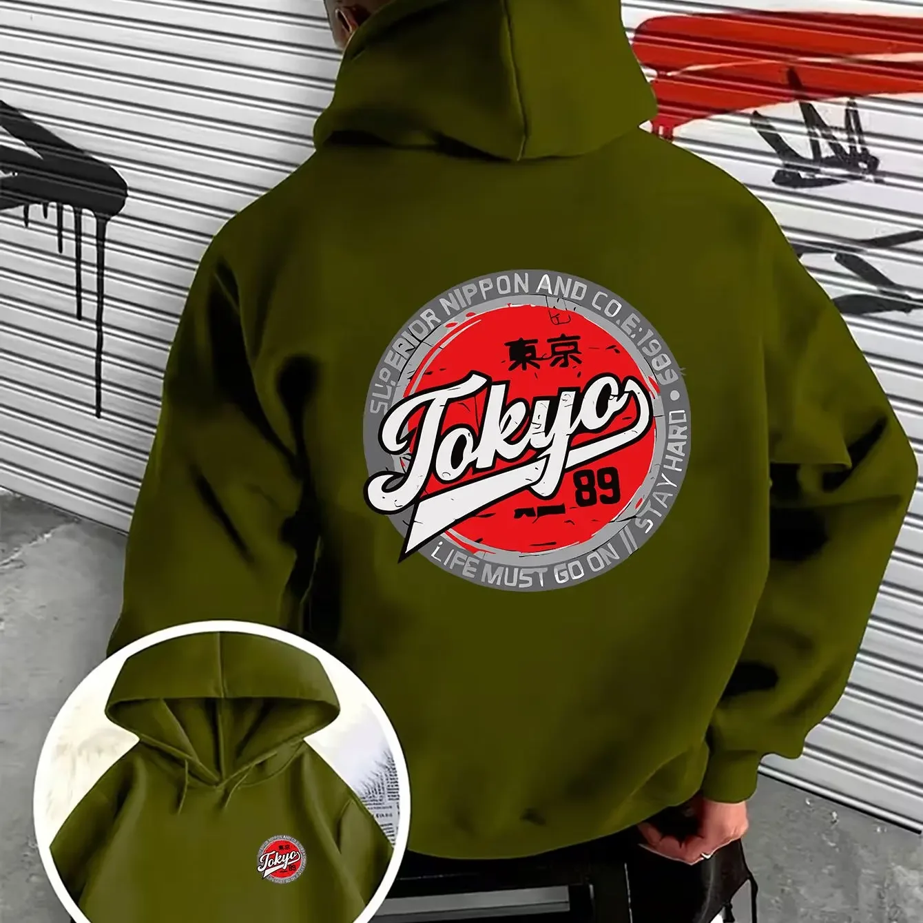 Korean Hot Trend Vintage Tokyo Circular Letter Back Print Hoodie Men Loose Oversized Unisex Double Sided Pullover Sweatshirt