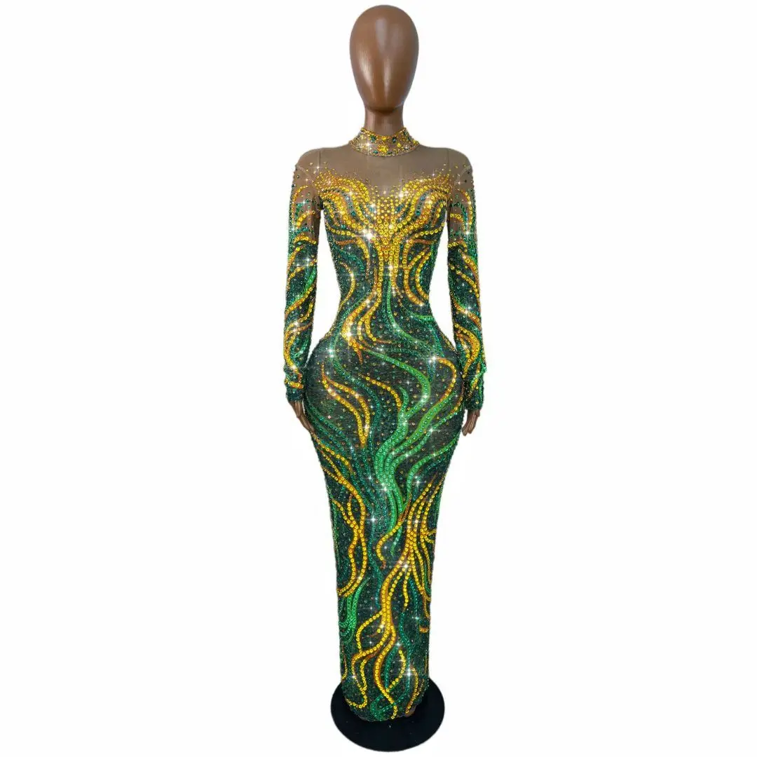 

Shurenqun Nude Mesh Base Green and Yellow Rhinestone Pattern Floor Length Dress for Evening Gowns and Red Carpet Events