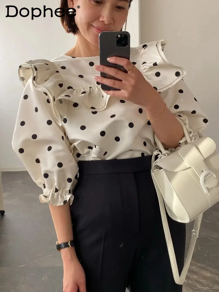 

Retro Puff Sleeve Top Sweet Lotus Leaf Shirt Lady Spring Summer New Japanese Style Polka Dot Frill Commuter Blouse Women