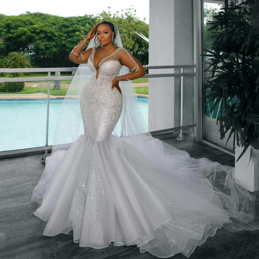 

Luxury Mermaid Wedding Dresses for Bride Sheer Neck Long Sleeve Major Beading Sequined African Bridal Gowns Customized