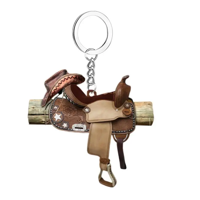 Horse Saddle Car Decor 2D Novelty Western Cowboy Saddle Key Ring  Horse Charm Cowboy Saddle Shape Pendant Car Key Ring Creative